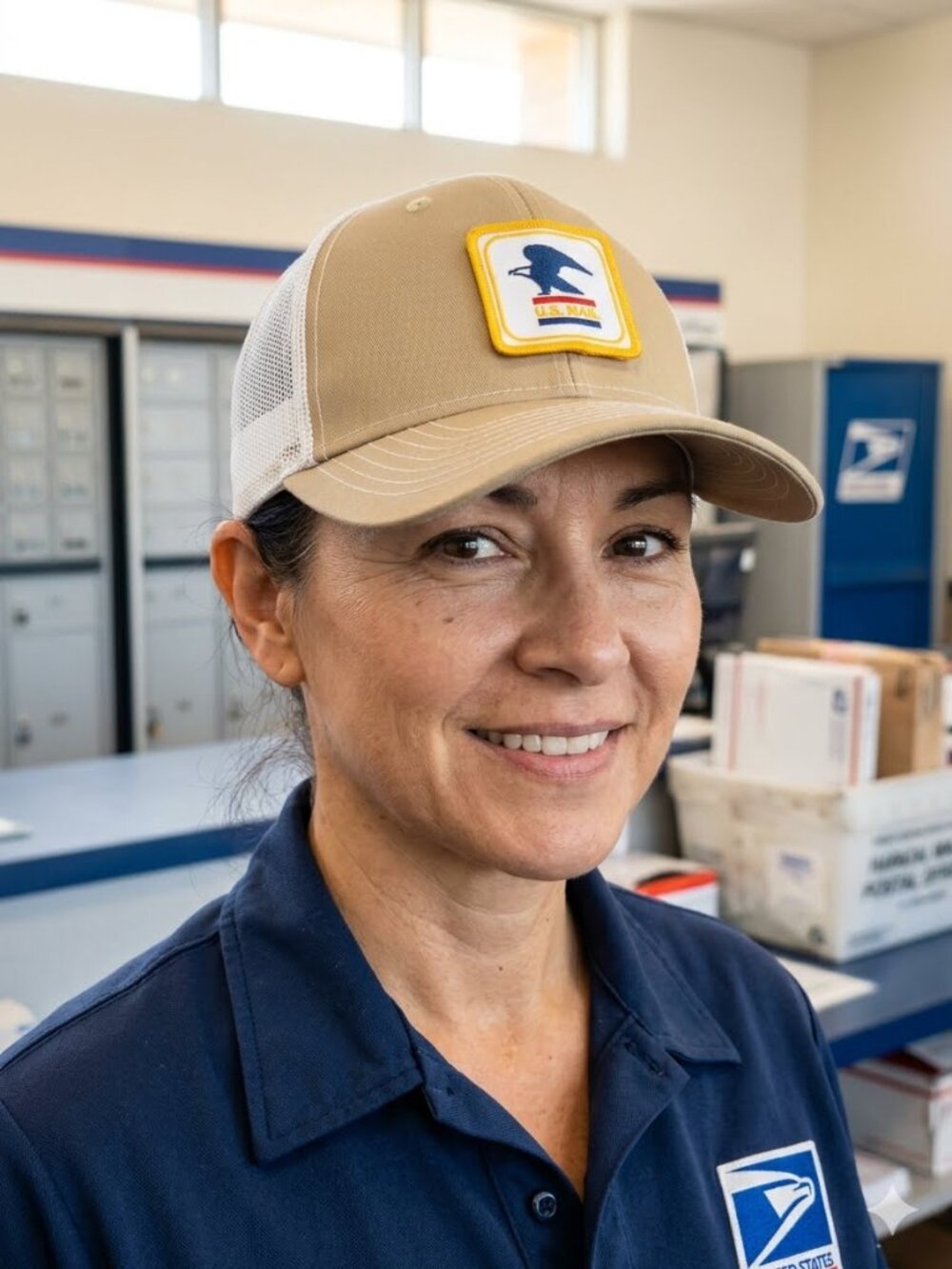 U.S MAIL (USPS) Khaki/White Mesh Snapback Trucker Hat.